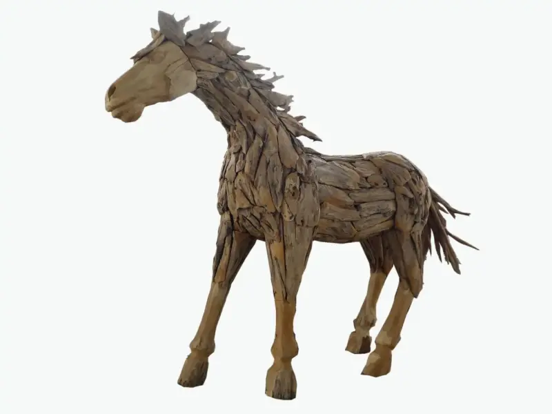 Product image of the product “Standing Horse , the head is carved into wood, the body is made from single teak root pieces. The size is sbout 240cm lenght and 180cm height. ”